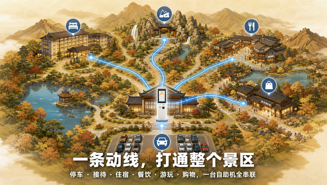 景区大客流怎么接？睿沃科技旗下沃享住酒店自助机（酒店自助入住机）串起整套接待方案